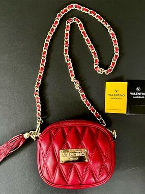 Valentino Red Leather Quilted Oval Bag with Gold Chain Strap Crossbody Bag
